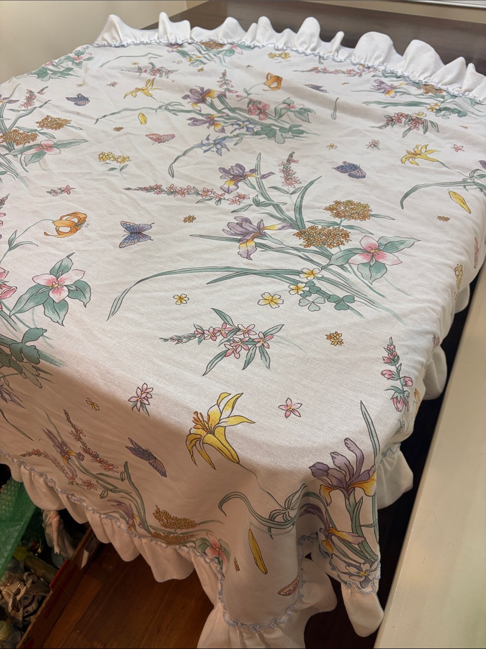 Vintage jcpenney White Ruffled Tablecloth with Pastel Flowers and Butterfly
